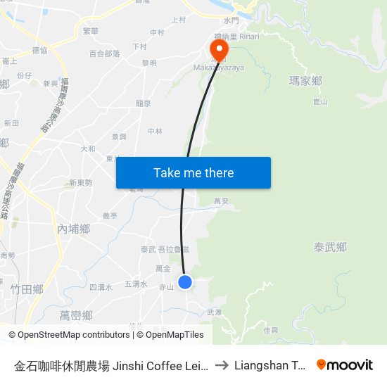 金石咖啡休閒農場 Jinshi Coffee Leisure Farm to Liangshan Taiwan map