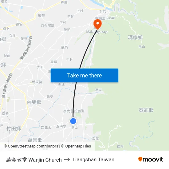 萬金教堂 Wanjin Church to Liangshan Taiwan map
