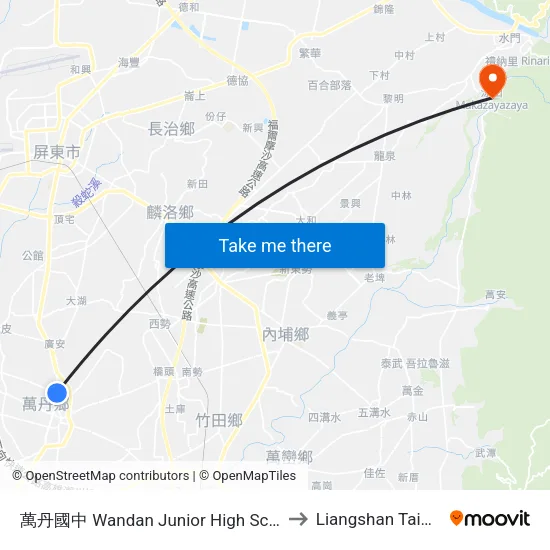 萬丹國中 Wandan Junior High School to Liangshan Taiwan map