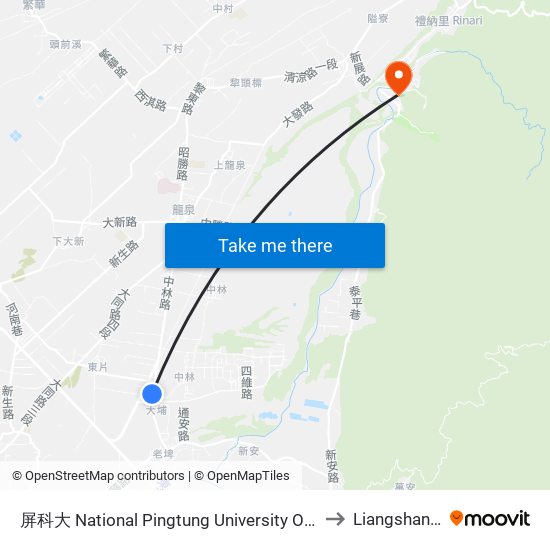 屏科大 National Pingtung University Of Science And Techno to Liangshan Taiwan map