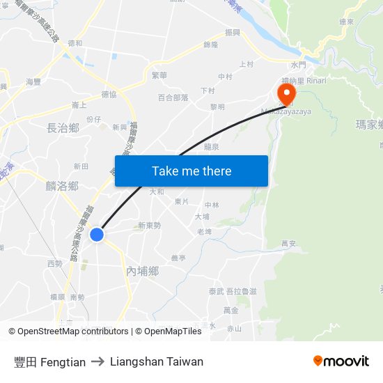 豐田 Fengtian to Liangshan Taiwan map