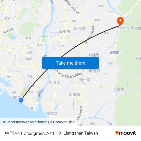 中門7-11 Zhongmen 7-11 to Liangshan Taiwan map