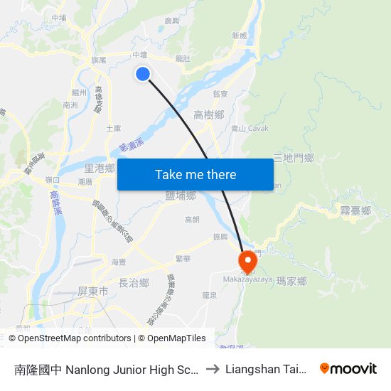 南隆國中 Nanlong Junior High School to Liangshan Taiwan map