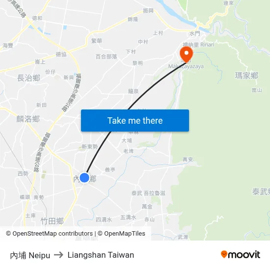 Neipu to Liangshan Taiwan map