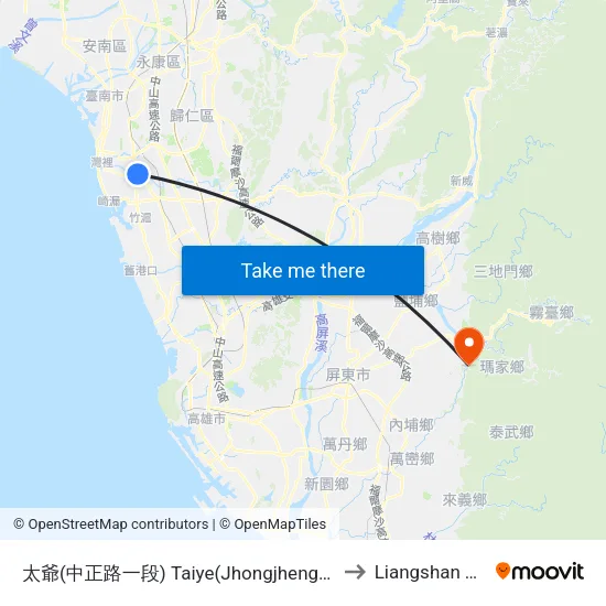 太爺(中正路一段) Taiye(Jhongjheng Rd. Section 1) to Liangshan Taiwan map