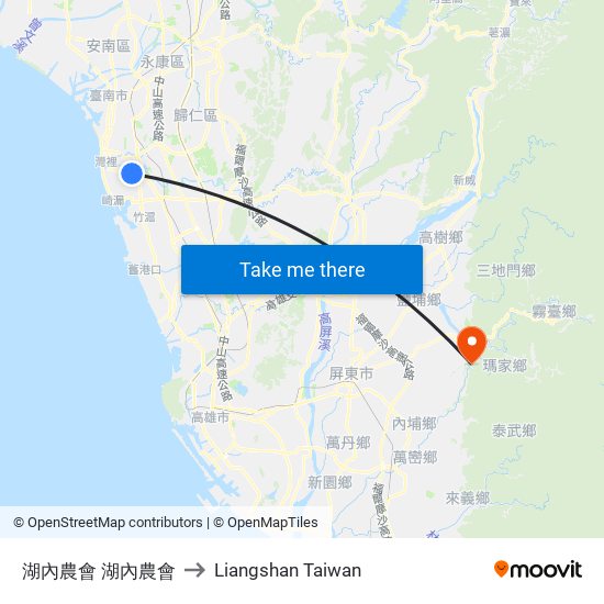 湖內農會 湖內農會 to Liangshan Taiwan map