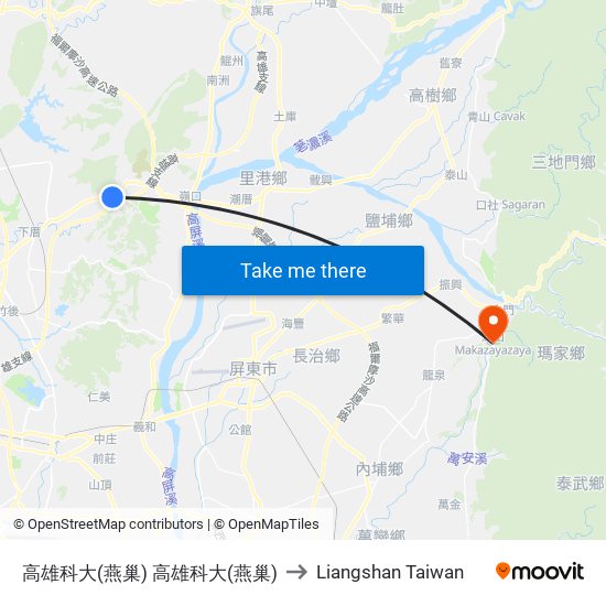 高雄科大(燕巢) 高雄科大(燕巢) to Liangshan Taiwan map