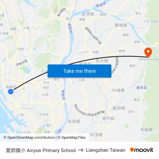 愛群國小 Aicyun Primary School to Liangshan Taiwan map
