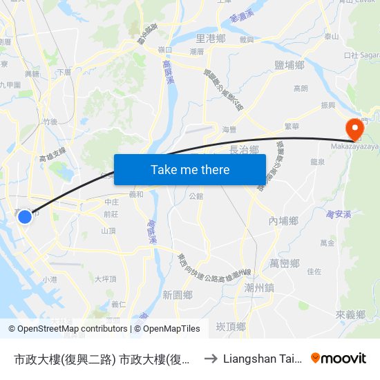 市政大樓(復興二路) 市政大樓(復興二路) to Liangshan Taiwan map