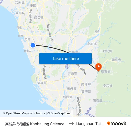 高雄科學園區 Kaohsiung Science Park to Liangshan Taiwan map