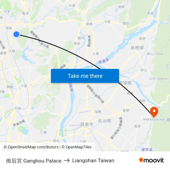 崗后宮 Ganghou Palace to Liangshan Taiwan map