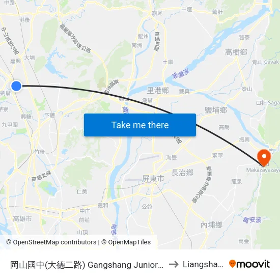 岡山國中(大德二路) Gangshang Junior High School(Dade 2nd Rd.) to Liangshan Taiwan map