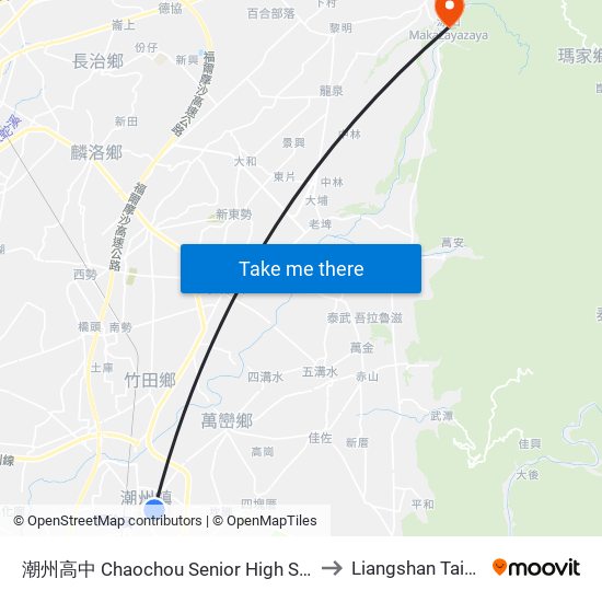 潮州高中 Chaochou Senior High School to Liangshan Taiwan map