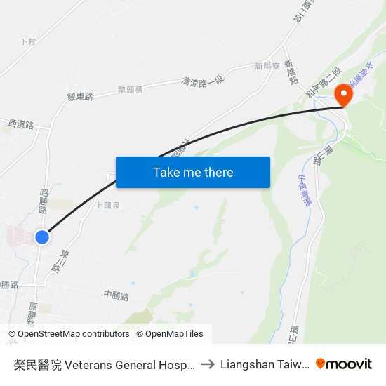 榮民醫院 Veterans General Hospital to Liangshan Taiwan map