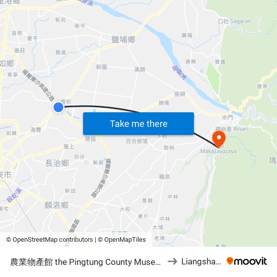 農業物產館 the Pingtung County Museum Of Agricultural Products to Liangshan Taiwan map