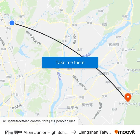 阿蓮國中 Alian Junior High School to Liangshan Taiwan map