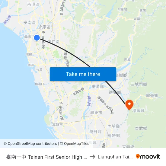 臺南一中 Tainan First Senior High School to Liangshan Taiwan map