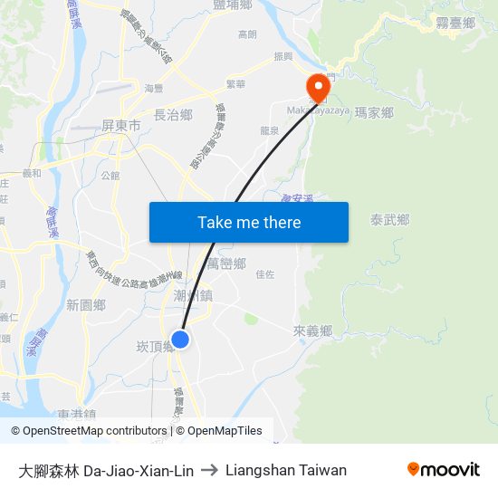 大腳森林 Da-Jiao-Xian-Lin to Liangshan Taiwan map