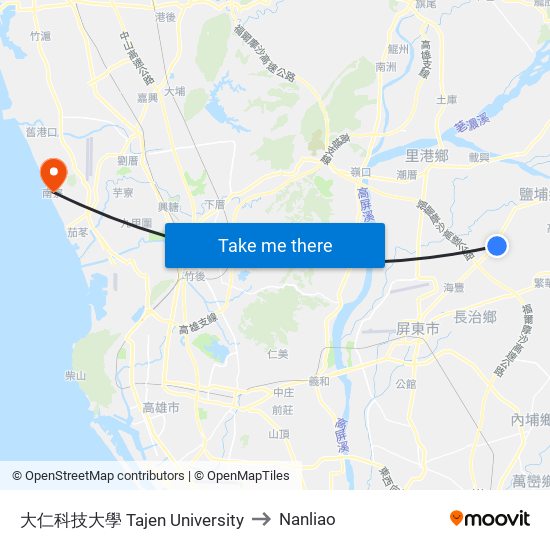 大仁科技大學 Tajen University to Nanliao map