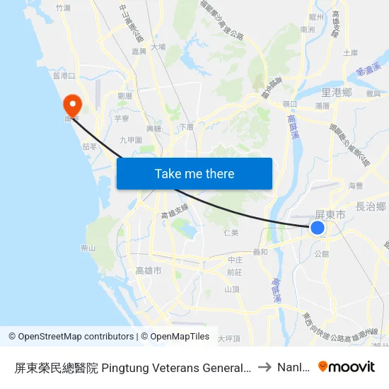 屏東榮民總醫院 Pingtung Veterans General Hospital to Nanliao map