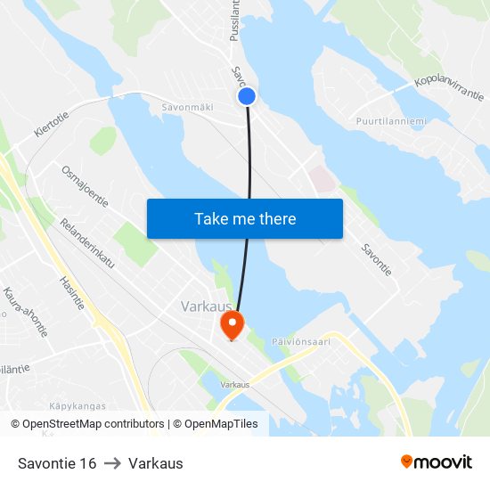 Savontie 16 to Varkaus map