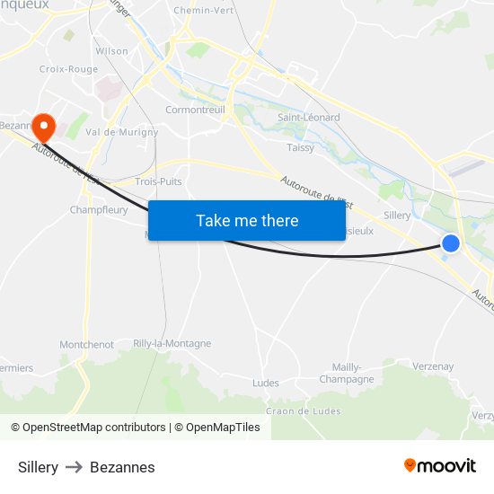 Sillery to Bezannes map