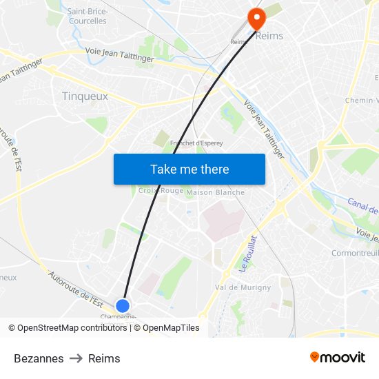 Bezannes to Reims map