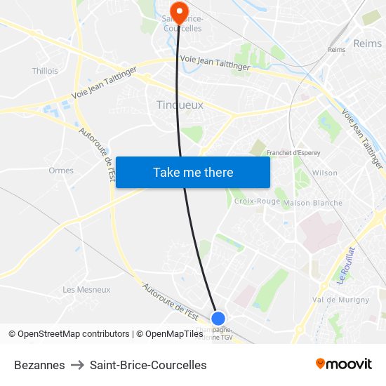 Bezannes to Saint-Brice-Courcelles map