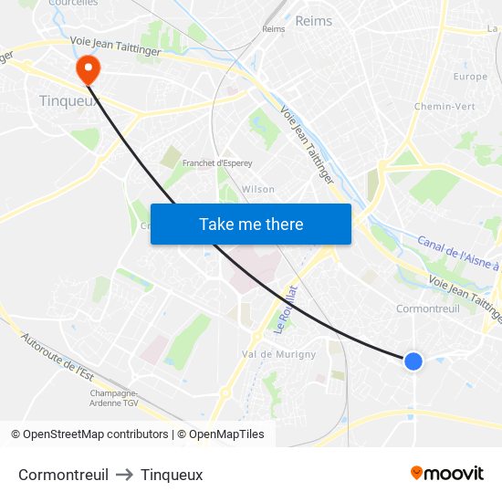 Cormontreuil to Tinqueux map