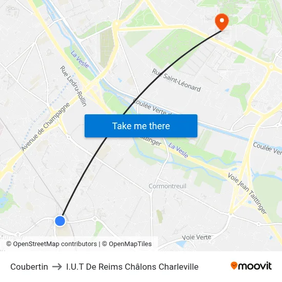 Coubertin to I.U.T De Reims Châlons Charleville map