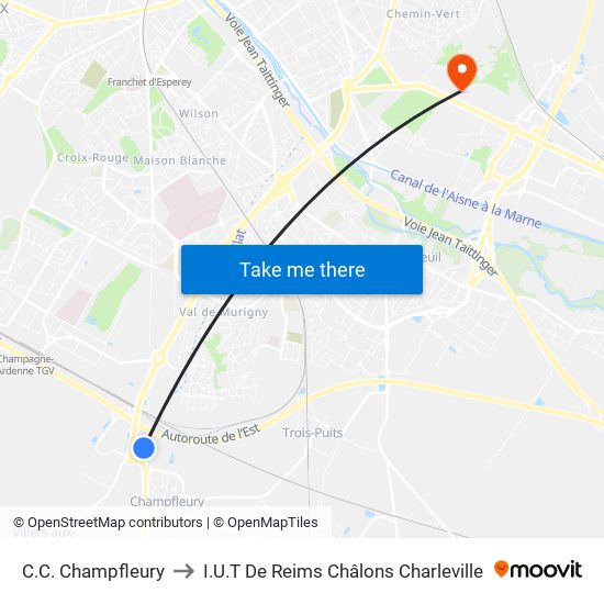 C.C. Champfleury to I.U.T De Reims Châlons Charleville map