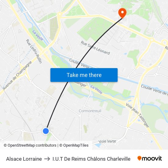 Alsace Lorraine to I.U.T De Reims Châlons Charleville map