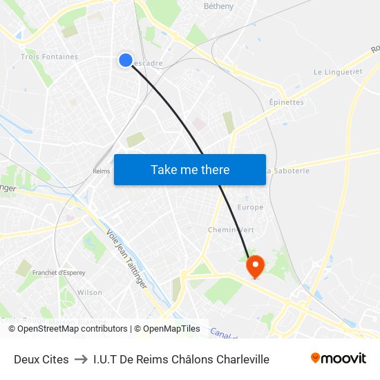 Deux Cites to I.U.T De Reims Châlons Charleville map