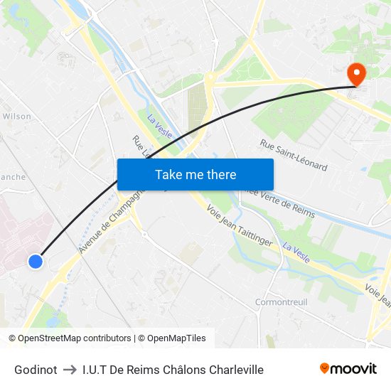 Godinot to I.U.T De Reims Châlons Charleville map