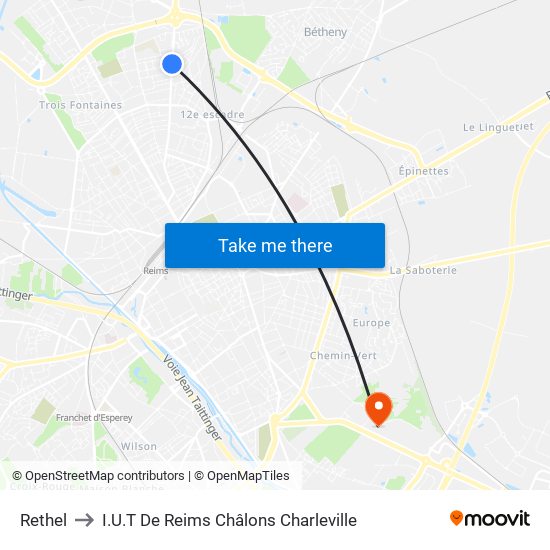 Rethel to I.U.T De Reims Châlons Charleville map