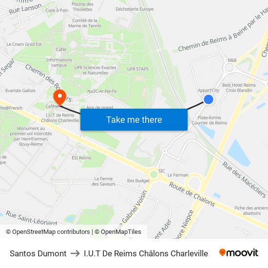 Santos Dumont to I.U.T De Reims Châlons Charleville map