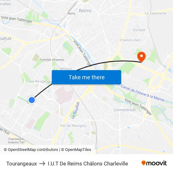 Tourangeaux to I.U.T De Reims Châlons Charleville map