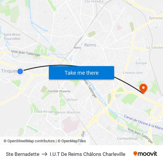 Ste Bernadette to I.U.T De Reims Châlons Charleville map