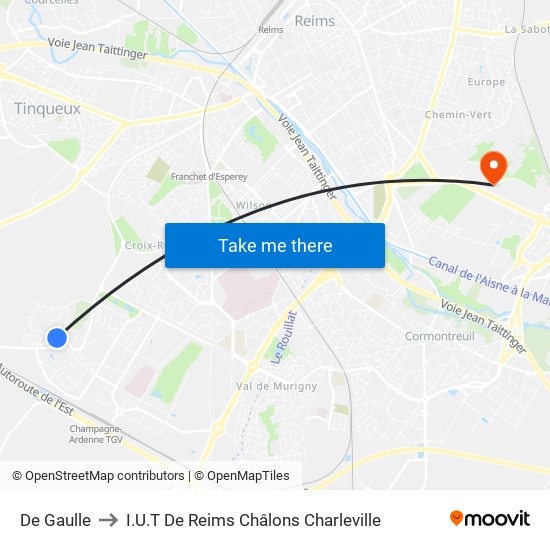 De Gaulle to I.U.T De Reims Châlons Charleville map