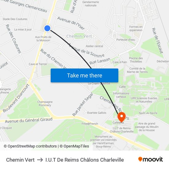 Chemin Vert to I.U.T De Reims Châlons Charleville map