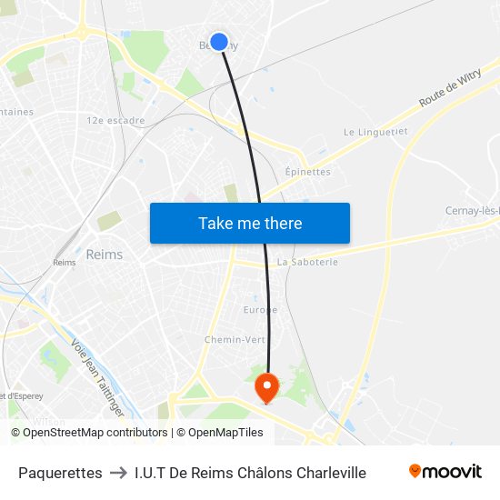 Paquerettes to I.U.T De Reims Châlons Charleville map