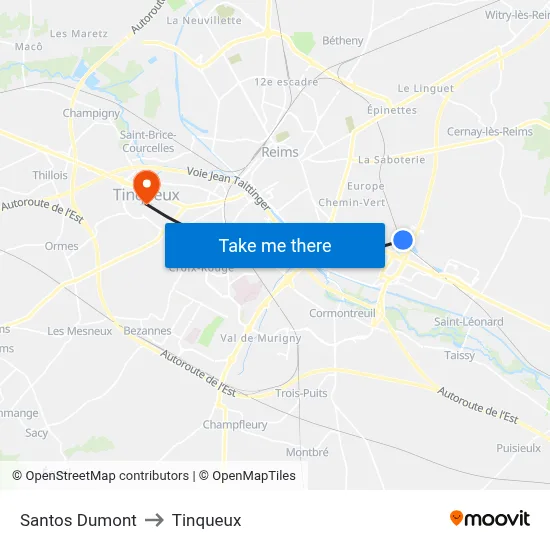 Santos Dumont to Tinqueux map