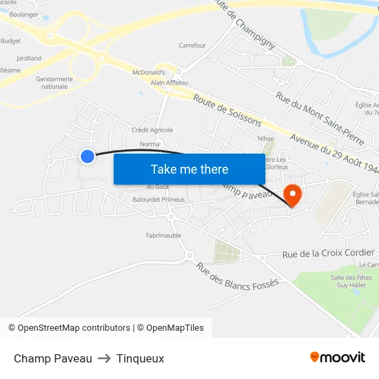 Champ Paveau to Tinqueux map