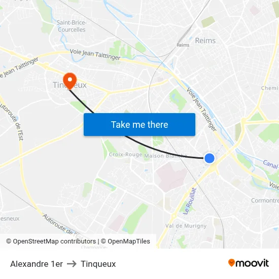 Alexandre 1er to Tinqueux map