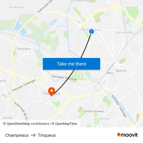 Champeaux to Tinqueux map