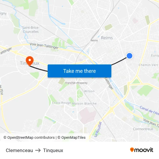 Clemenceau to Tinqueux map