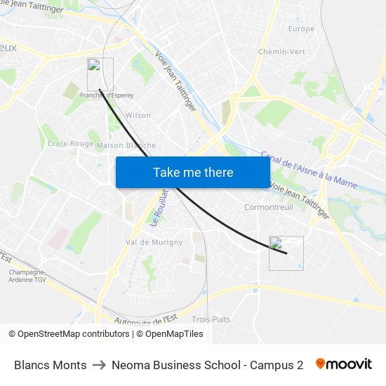 Blancs Monts to Neoma Business School - Campus 2 map