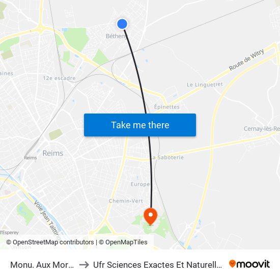 Monu. Aux Morts to Ufr Sciences Exactes Et Naturelles map