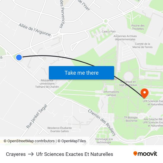 Crayeres to Ufr Sciences Exactes Et Naturelles map
