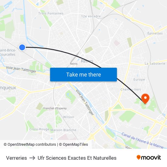 Verreries to Ufr Sciences Exactes Et Naturelles map